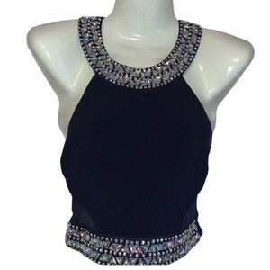 B. DARLIN TOP CROPPED SEQUINED HALTER TOP NAVY SIZE 4